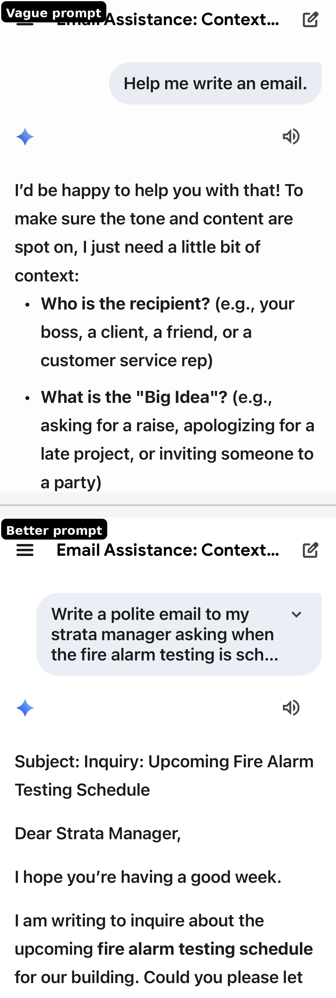 Example: bad prompt vs better prompt